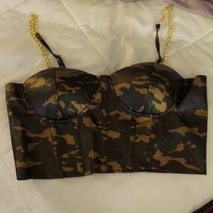Faux-Leather Camouflage Croptop With Chain Straps